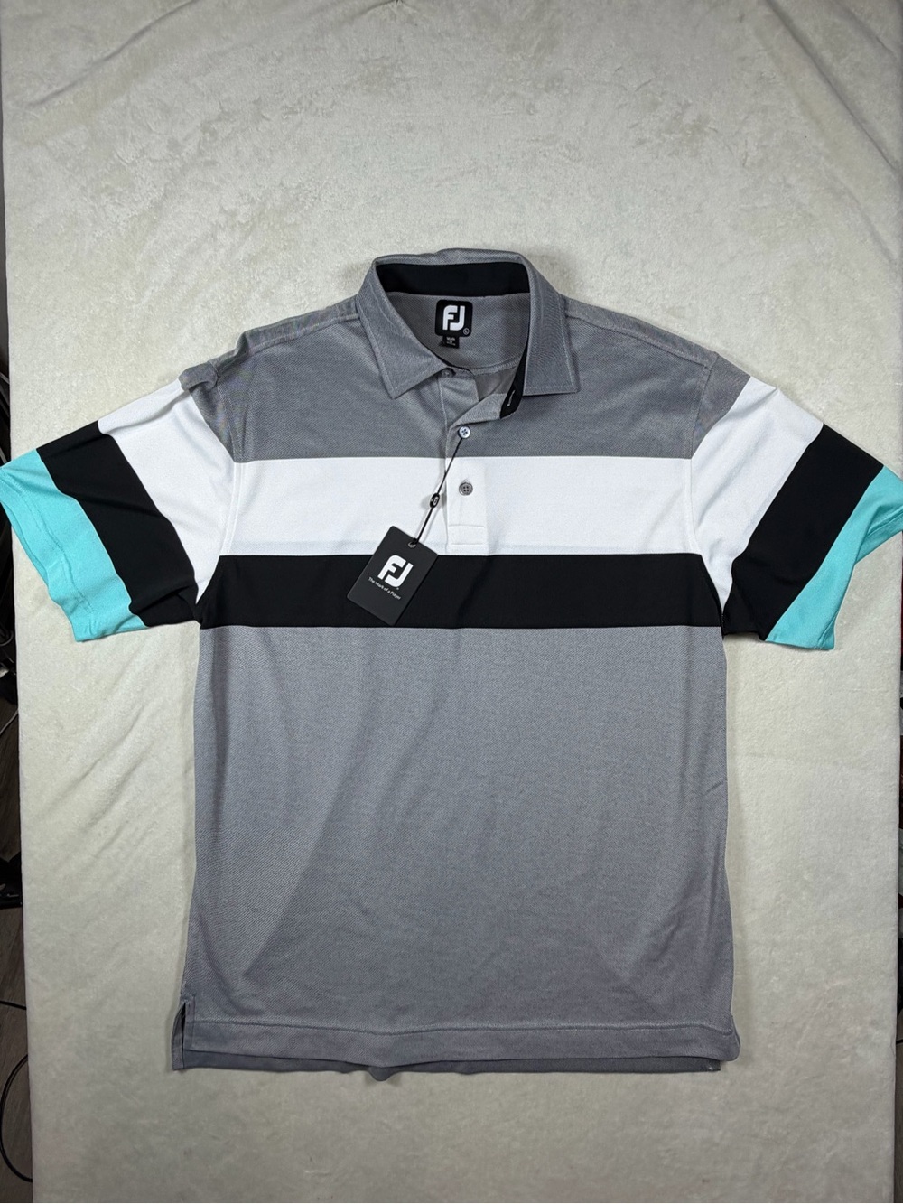 NWT FootJoy Large Men's Grey Polo with White, Black & Aqua Stripe Accents